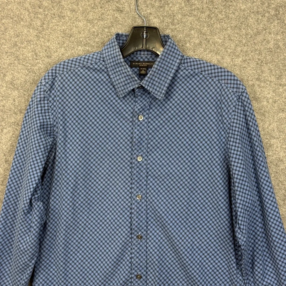 Banana Republic Mens Slim Fit Gingham Button Down Shirt Blue Check Small 14-14.5